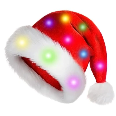 Image of LED Christmas Hat, Plush Light Up Flashing Santa Hat With Lights, Unisex For Adults Festive