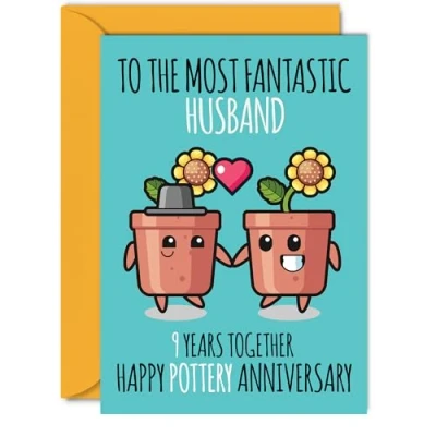 Image of Cute Pottery Anniversary Card for Husband 9 Years Together Happy 9th Wedding Cards from Wife, A5 Greeting Ninth Anniversaries