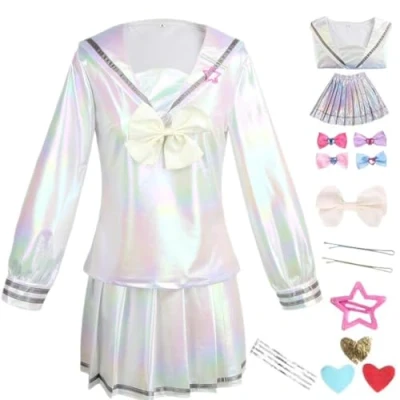 Image of HSJZBQSM Needy Girl Overdose Cosplay Costume with Wig KAngel Dress Ame Chan JK Uniform Full Set (Silver White 1, S)