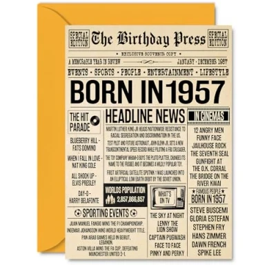 Image of 67th Birthday Cards for Women Men Born In 1957 Newspaper Happy 67 Card Grandma Grandad Nan Vintage Retro Back 1957, A5 Sixty Seven Seventh Bday Greeting