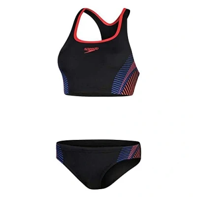 Image of Speedo Women&#039;s Placement 2 Piece Black Red Swimsuit Swimming Costume Size 40