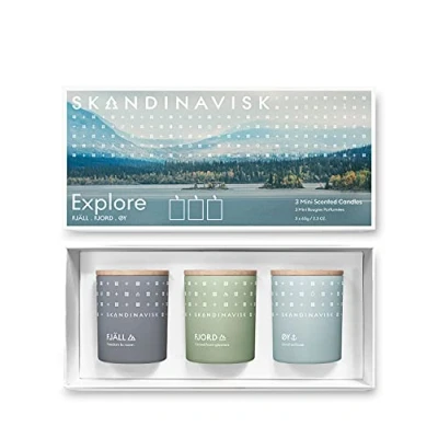 Image of Skandinavisk Explore Giftset of 3 Mini Scented Candles. FJÄLL ‘Highland’, Fjord, and ØY &#039;Island&#039;. Vegan Formula. x 65g.