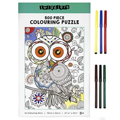 Image of THE TWIDDLERS 500 Piece Jigsaw Puzzle, Owl Design with 6 Colouring Pens Build Puzzle &amp; Colour In, Unique Art Birthday Present