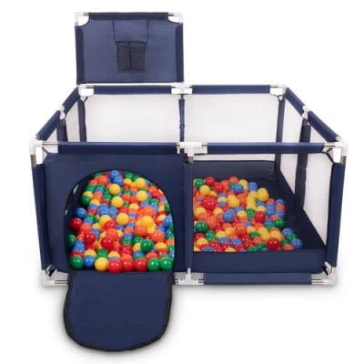 Image of Selonis Square Play Pen Filed with 100 Balls Basketball, Blue:Green/Yellow/Blue/Red/Orange