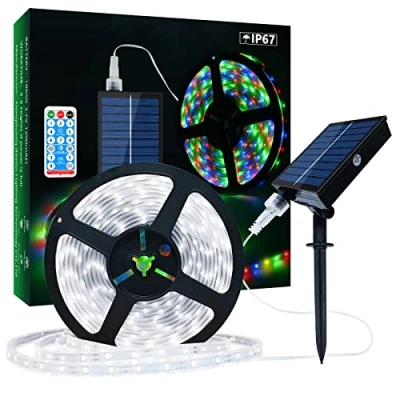 Image of Solar LED Strip Lights Outdoor, 16.4ft/5m 280 LEDs Waterproof, Cool White Lights, Rope for Garden Trees Christmas Holiday Party Decor