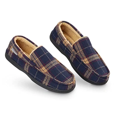 Image of DUNLOP Moccasins Slippers Men Loafers Faux Fur Rubber Sole Memory Foam House Indoor Shoes Gifts For (Navy Mustard, 10 UK)