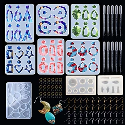 Image of Woohome 9 PCS Earring Resin Molds Jewelry Epoxy Silicone Molds, 40 Ear Hooks and Jump Rings for Jewelry, Pendant, Crafts DIY