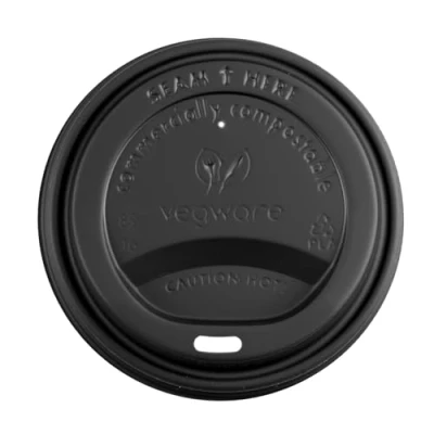Image of Vegware VLID89SB Hot Cup Lid (Fits 10 20 oz. Cups), 89 mm, CPLA, Black (Pack of 1000)
