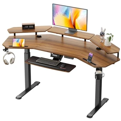 Image of EUREKA ERGONOMIC Höhenverstellbarer Schreibtisch 182x76cm Flügelförmiger Gaming Tisch Höhenverstellbar Elektrisch Doppelmotor Groß mit Led, Monitorständer und Tastaturablage