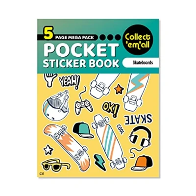 Image of Pocket Sticker Book (5 Pages) 64 MEGA Packs to Collect Coloured Stickers for Kids Skateboards