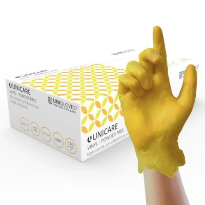Image of Unigloves Unicare Vinyl Disposable Gloves Multipurpose, Powder and Latex Free Examination Box of 100 Gloves, Yellow, Small (GS0102)