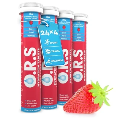 Image of O.R.S Hydration Tablets with Electrolytes, Vegan, Gluten and Lactose Free Formula Soluble Sports Natural Strawberry Flavour, 96 (Pack of 4 x 24)
