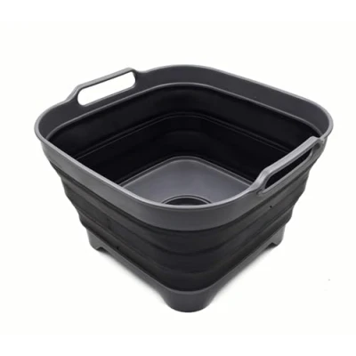 Image of SAMMART 10L Collapsible Dishpan with Draining Plug Foldable Washing Basin Portable Dish Tub Space Saving Kitchen Storage Tray (Grey/Black, 1)