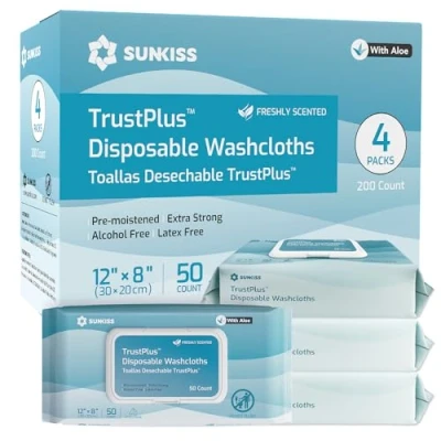 Image of SUNKISS Trustplus Wet Wipes for Adult, Extra Thick 20 x 30 cm Body Cleaning with Aloe Incontinence &amp; Cleansing, Fresh Scent, 200 Count (4 Packs of 50)