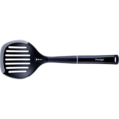 Image of Prestige 2 in 1 Large Skimmer Spoon Ladle with Non Scratch Silicone Edge, Heat Resistant Kitchen Utensils to Protect Stick Cookware, 39cm, Black &amp; Grey