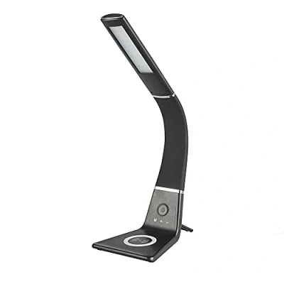 Image of Trueshopping Black Curved LED Desk Lamp with Wireless Phone Charger Stylish Modern Table Dimmable Office Study or Bedside Reading Light