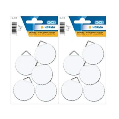Image of HERMA 5749 Picture Hanger for Gluing, Large (Diameter 45 mm, Paper with Linen Texture), Self Adhesive, Water Soluble Rubberised, Load Capacity 1,200 g, White (12 Hooks Diameter mm)