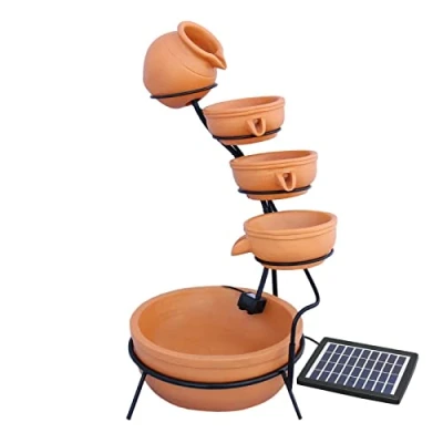 Image of Water Feature Garden Fountain Solar Powered Outdoor Cascade Ornament Décor Patio Resin Terracotta Freestanding Cascading 4 Tier Spilling Bowls