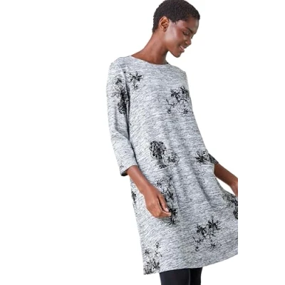 Image of Roman Originals Tunic Dress with Pockets for Women UK Ladies Swing Fit &amp; Flare Skater Slouch Stretchy Casual Smart Winter Jersey Pull On Relaxed Work Office 3/4 Long Sleeves Grey Size 10