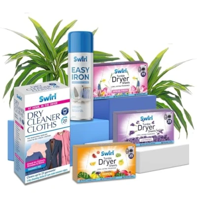 Image of Swirl Tumble Dryer Sheets With Easy Iron Spray Set Tropical, Lavender, Spring Fresh, Dry Cleaner Cloths, 300ml 5pc Laundry Freshener for Fabric, Cloth &amp; Crease Remover by Sinta Gifts