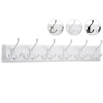 Image of LARHN White Coat Hooks Wall Mounted Rack 6 Triple for 59 cm All Fixings Included Quick &amp; Easy Installation