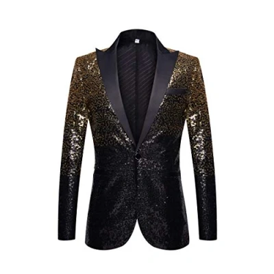 Image of PYJTRL Men Fashion Gradual Change Color Sequins Suit Jacket (Gold Black, S)