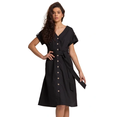 Image of Roman Originals Women Cotton Belted Midi Shirt Dress Ladies Spring Everyday Summer Evening Vacation Work Holiday Smart Casual Black Size 20