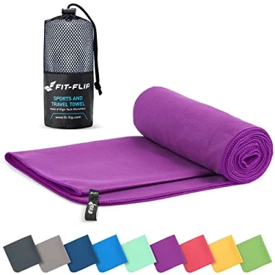 Image of Fit Flip Microfibre towel compact, ultra lightweight &amp; quick dry the perfect gym, travel beach swimming for sports, camping hiking (70x140cm purple + bag)