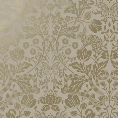 Image of SOPHIE LAURENCE Neutral Metallic Shimmer Mirror Floral Leaves Woodland Animals Birds Damask Feature Wallpaper