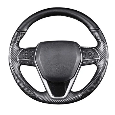 Image of Matte Black Carbon Fiber &amp; Nappa Leather Interior Accessories Steering Wheel Cover Hand Stitch on Wrap Fit for Toyota RAV4 SUV 2019 2021 / Avalon Camry 2018 Corolla 2020