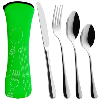 Image of Cutlery Set 4 Pcs Travel with Portable Pouch Case,Stainless Steel Knife and Fork Flatware Camping Utensil for Outdoor Picnic Office School Lunch Box (Green)
