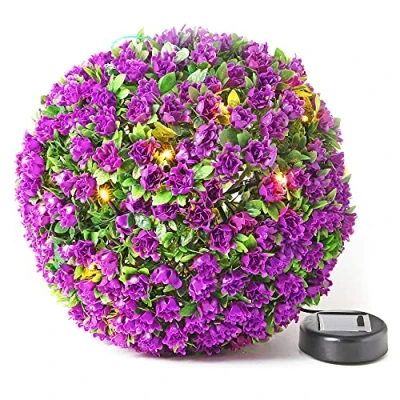 Image of Taylor &amp; Brown 28cm Solar Powered 20 LED Rose Artificial Topiary Ball Hanging Ornament Boxwood Garden Ultra Bright Light Decorative Two Functions (1 Pack, Purple)