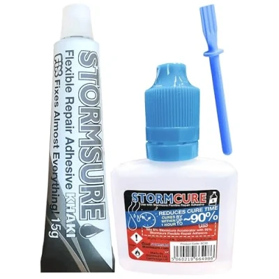 Image of Stormsure Flexible Repair Adhesive Kit 15g Khaki + 30ml Stormcure Accelerator Spatula Quick and Reliable Repairs for Strong Results