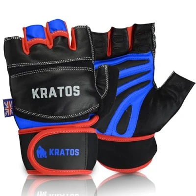 Image of Kratos Weight Lifting Gym Workout Gloves for Crossfit Exercise Fitness Strength Training Hanging Pull ups Bodybuilding Powerlifting Cycling Leather with Wrist Wrap Support Men &amp; Women