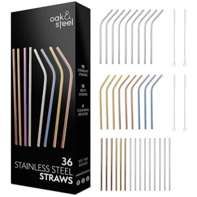 Image of Oak &amp; Steel 108 Stainless Straws 12 Brushes with Gift Box (4 Colours) Eco Friendly, Reusable Dishwasher Safe (72, 26 cm)
