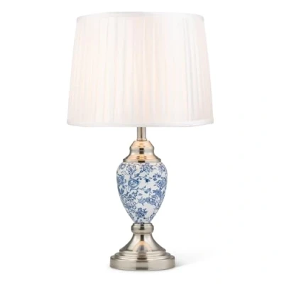 Image of Lighting Supermarket Malham Small Ceramic Table Lamp with Ivory Pleated Shade Modern White, Blue &amp; Silver