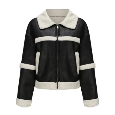 Image of DLLDLGG Women&#039;s Faux Shearing Fur Winter Coat Warm Thick Lined Leather Jacket, Cropped Bomber Jacket