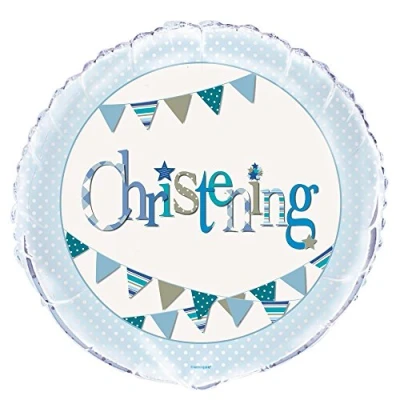Image of Blue Bunting Christening Round Foil Balloon (45cm) 1 Piece Beautiful Baby Boy&#039;s Celebration Decoration