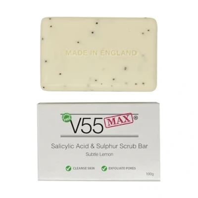 Image of V55 MAX Salicylic Acid, Tea Tree Oil and Sulphur Soap Scrub for Spots Blackheads Milia Blemishes Problem Skin Suitable Safe those Prone to Acne Paraben Cruelty FREE 100 g