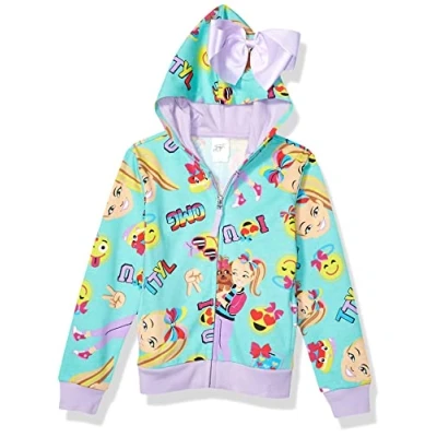 Image of Jojo Siwa Girls&#039; Emoji Characters Zip Up Hoodie with Bow on Hood Sweatshirt, Neon Green/Pink, Medium