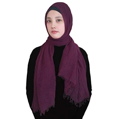 Image of Lina &amp; Lily Plain Colour Crepe Crinkled Scarf Hijab with Frayed Edges (Maroon)