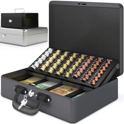 Image of ACROPAQ Cash Box Lockable, with Coin Counting Board, Extra Large, 35.8 x 27.3 11 cm, 2 Keys, Premium Housing Cash, Household Grey