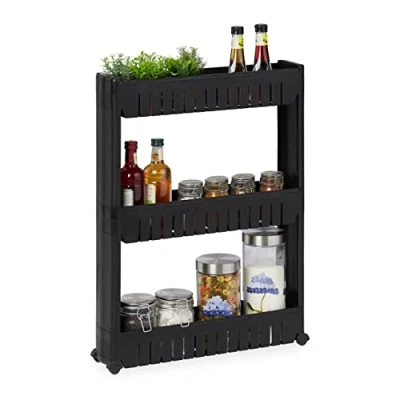 Image of Relaxdays Niche Trolley, 3 Shelves, Narrow Shelf for Bathroom &amp; Kitchen, 71x12.5x54 cm, Rolling Storage Plastic, Black