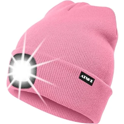 Image of ATNKE LED Lighted Beanie Cap,USB Rechargeable Running Hat Ultra Bright 4 Waterproof Light Winter Warm Gifts for Men and Women/Pink