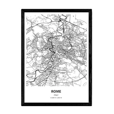 Image of Nacnic Poster with map of Rome Italy. Sheets cities in Italy seas and rivers black color. A3 size