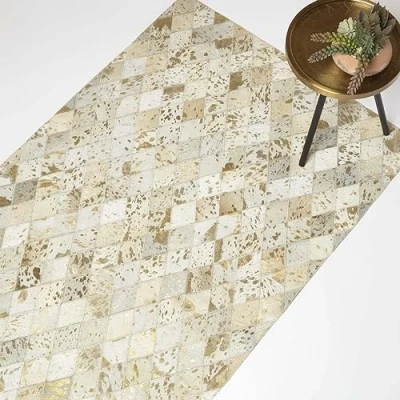 Image of HOMESCAPES Gold &amp; Grey Geometric Diamond Leather Rug, 90 x 150 cm