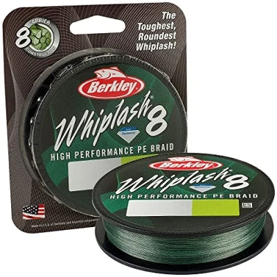 Image of Berkley Whiplash 8 Braided Fishing Line 100% Dyneema Strand Braid for Saltwater and Freshwater Fishing, Green, 12.9kg 28lb 300m