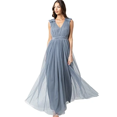 Image of Maya Deluxe Women&#039;s Ladies Maxi Dress with Ruffle V Neck Sleeveless High Empire Waist Long for Prom Guest Wedding Bridesmaid, Dusty Blue, 16