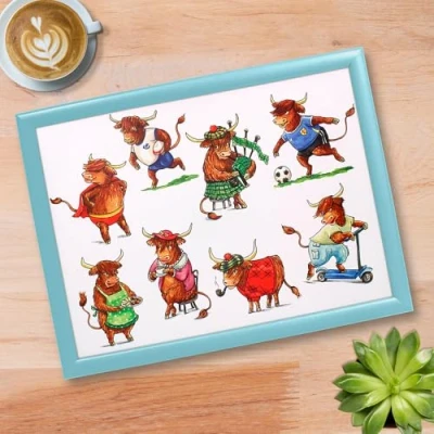Image of Tamersgifts Cushioned Laptrays lap Tray TV Dinner Bean Bag Padded Cushion Gift (Sports Highland Cow tray)