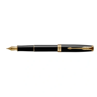 Image of Parker Sonnet Fountain Pen Black Lacquer with Gold Trim Medium Nib Gift Box